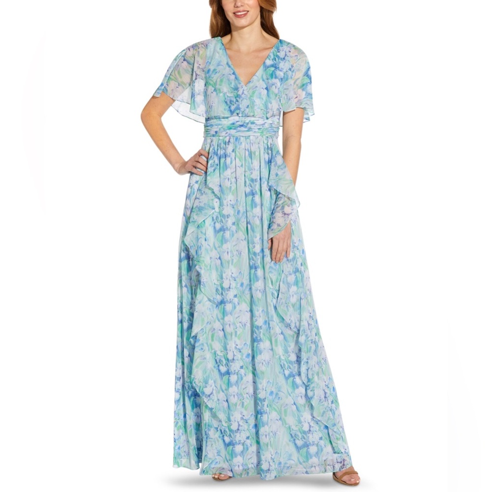 Adrianna Papell Ruffled Floral Full Length Gown Dress Blue Size 16